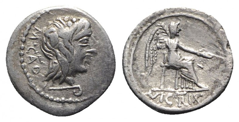 M. Cato, Rome, 89 BC. AR Quinarius (13mm, 1.98g, 6h). Head of Liber r., wearing ...