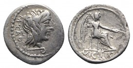M. Cato, Rome, 89 BC. AR Quinarius (13mm, 1.98g, 6h). Head of Liber r., wearing ivy wreath; lituus below. R/ Victory seated r. on throne, holding palm...
