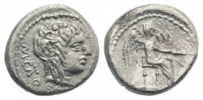 M. Cato, Rome, 89 BC. AR Quinarius (13mm, 1.81g, 2h). Head of Liber r., wearing ...