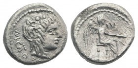 M. Cato, Rome, 89 BC. AR Quinarius (13mm, 1.81g, 2h). Head of Liber r., wearing ivy wreath; star below. R/ Victory seated r. on throne, holding palm b...