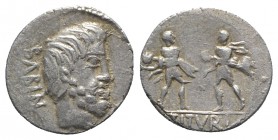 L. Titurius L.f. Sabinus, Rome, 89 BC. AR Denarius (18mm, 3.87g, 12h). Bareheaded and bearded head of King Tatius r. R/ Two soldiers facing one anothe...