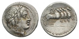 Gargilius, Ogulnius and Vergilius, Rome, c. 86 BC. AR Denarius (19mm, 3.60g, 6h). Head of Apollo Vejovis r., wearing oak wreath; thunderbolt below. R/...