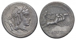 L. Julius Bursio, Rome, 85 BC. AR Denarius (20mm, 3.79g, 7h). Laureate and winged bust of Apollo Vejovis r.; trident over shoulder; symbol behind. R/ ...