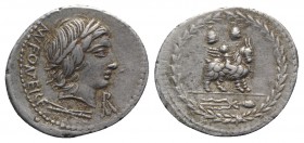Mn. Fonteius C.f., Rome, 85 BC. AR Denarius (21mm, 4.04g, 7h). Laureate head of Vejovis (or Apollo) r.; Roma monogram below chin, thunderbolt below ne...