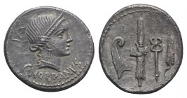 C. Norbanus, Rome, 83 BC. AR Denarius (19mm, 3.90g, 2h). Diademed head of Venus r.; XXI to l. R/ Prow stem, fasces with axe, caduceus and grain ear. C...