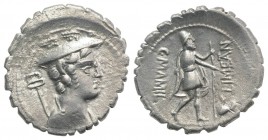 C. Mamilius Limetanus, Rome, 82 BC. AR Serrate Denarius (21mm, 3.82g, 9h). Draped bust of Mercury r., wearing winged petasus. R/ Ulysses walking r., h...