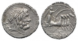 Q. Antonius Balbus, Rome, 83-82 BC. AR Serrate Denarius (18mm, 4.00g, 9h). Laureate head of Jupiter r. R/ Victory driving quadriga r., holding reins, ...