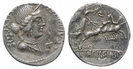 C. Annius T.f. T.n and L. Fabius L.f. Hispaniensis, Spain, 82-81 BC. AR Denarius (19mm, 2.81g, 7h). Diademed and draped bust of Anna Perenna r.; winge...