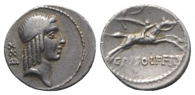 C. Piso L.f. Frugi, Rome, 61 BC. AR Denarius (17mm, 3.79g, 6h). Head of Apollo r., hair bound with taenia; control behind. R/ Horseman galloping r., h...