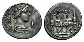 L. Furius Cn.f. Brocchus, Rome, 63 BC. AR Denarius (19mm, 3.97g, 7h). Head of Ceres r., wearing wreath of grain ears, a lock of hair falling down her ...