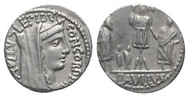 L. Aemilius Lepidus Paullus, Rome, 62 BC. AR Denarius (17mm, 3.82g, 6h). Veiled and diademed head of Concordia r. R/ Trophy; to l., three captives (Ki...