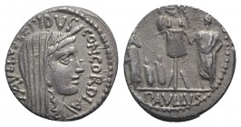 L. Aemilius Lepidus Paullus, Rome, 62 BC. AR Denarius (18mm, 4.00g, 5h). Veiled and diademed head of Concordia r. R/ Trophy; to l., three captives (Ki...