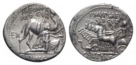 M. Aemilius Scaurus and Pub. Plautius Hypsaeus, Rome, 58 BC. AR Denarius (17mm, 3.87g, 6h). Nabatean king Aretas kneeling r., holding reins and olive ...