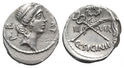 Roman Imperatorial, Q. Sicinius, Rome, early 49 BC. AR Denarius (17mm, 3.93g, 11h). Diademed head of Fortuna Populi Romani r. R/ Palm frond with fille...