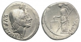 Roman Imperatorial, Mn. Cordius Rufus, Rome, 46 BC. AR Denarius (18mm, 3.54g, 6h). Conjoined heads of the Dioscuri r., wearing pilei with fillet surmo...