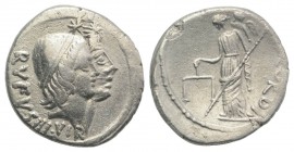 Roman Imperatorial, Mn. Cordius Rufus, Rome, 46 BC. AR Denarius (18mm, 3.54g, 6h). Conjoined heads of the Dioscuri r., wearing pilei with fillet surmo...