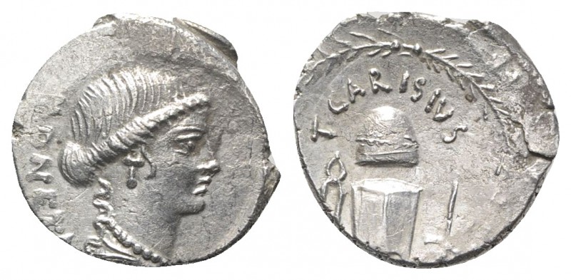 Roman Imperatorial, T. Carisius, Rome, 46 BC. AR Denarius (19mm, 3.40g, 9h). Hea...