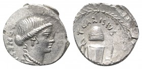 Roman Imperatorial, T. Carisius, Rome, 46 BC. AR Denarius (19mm, 3.40g, 9h). Head of Juno Moneta r. R/ Implements for coining money: anvil die with ga...