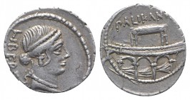 Roman Imperatorial, Lollius Palicanus, Rome, 45 BC. AR Denarius (18mm, 3.69g, 3h). Head of Libertas r., wearing pearl diadem, earring and pearl neckla...