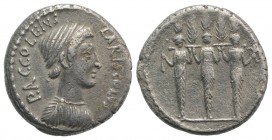 Roman Imperatorial, P. Accoleius Lariscolus, Rome, 41 BC. AR Denarius (16mm, 3.87g, 9h). Draped bust of Diana Nemorensis r. R/ Triple cult statue of D...