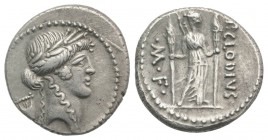 Roman Imperatorial, P. Clodius M.f. Turrinus, Rome, 42 BC. AR Denarius (18mm, 3.88g, 7h). Laureate head of Apollo r.; lyre behind. R/ Diana Lucifera s...