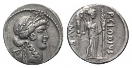 Roman Imperatorial, P. Clodius M.f. Turrinus, Rome, 42 BC. AR Denarius (17mm, 3.62g, 2h). Laureate head of Apollo r.; lyre behind. R/ Diana Lucifera s...