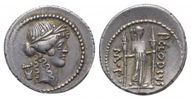 Roman Imperatorial, P. Clodius M.f. Turrinus, Rome, 42 BC. AR Denarius (19.5mm, 3.99g, 1h). Laureate head of Apollo r.; lyre behind. R/ Diana Lucifera...