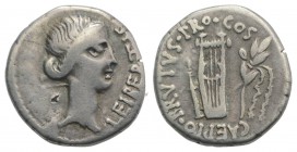 Brutus, military mint traveling with Brutus in Lycia, Spring-early summer 42 BC. AR Denarius (17mm, 3.90g, 6h). Head of Libertas r., wearing hair roll...