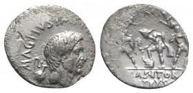 Sextus Pompey, uncertain mint in Sicily, (Catania?), 37-36 BC. AR Denarius (20mm, 3.56g, 4h). Bare head of Pompey Magnus r.; capis behind, lituus befo...