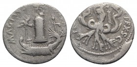 Sextus Pompey, Sicilian mint, 40-39 BC. AR Denarius (19mm, 3.63g, 1h). Quinquereme adorned with aquila, sceptre and trident sailing l. before the Phar...