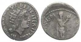 Mark Antony, Athens, Summer 38 BC. AR Denarius (17mm, 2.85g, 6h). Radiate head of Sol r. R/ Mark Antony standing r., veiled and wearing the priestly r...