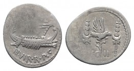 Mark Antony, Patrae(?), Autumn 32-spring 31 BC. AR Denarius (19mm, 3.42g, 6h). Legionary type. Galley r. R/ LEG II, legionary aquila between two signa...