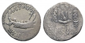 Mark Antony, Patrae(?), Autumn 32-spring 31 BC. AR Denarius (17.5mm, 3.24g, 12h). Legionary type. Galley r. R/ LEG XIIII, legionary aquila between two...