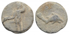 Roman PB Tessera, c. 1st century BC - 1st century AD (18mm, 4.54g, 12h). Neptune standing l., holding dolphin and trident. R/ Dolphin r. Rostowzew 292...