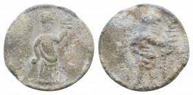 Roman PB Tessera, c. 1st century BC - 1st century AD (18mm, 2.68g, 12h). Anubis standing r., holding long branch. R/ Isis standing facing, holding sis...