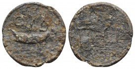 Roman PB Tessera, c. 1st century BC - 1st century AD (26mm, 5.35g, 12h). Galley; CID above. R/ TICP(?). Good Fine