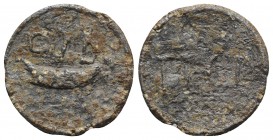 Roman PB Tessera, c. 1st century BC - 1st century AD (26mm, 5.35g, 12h). Galley; CID above. R/ TICP(?). Good Fine