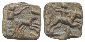 Roman PB Triangular Tessera, c. 1st century BC - 1st century AD (13mm, 2.27g, 6h). Horseman galloping r., spearing fallen enemy. R/ Figure in biga r.,...
