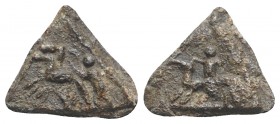 Roman PB Triangular Tessera, c. 1st century BC - 1st century AD (18mm, 2.63g, 12h). Horseman l. R/ Figure in biga l. VF