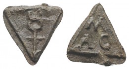 Roman PB Triangular Tessera, c. 1st century BC - 1st century AD (15mm, 1.73g, 6h). Caduceus. R/ M AC in two lines. EF
