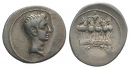 Octavian, Autumn 30-summer 29 BC. AR Denarius (21mm, 3.78g, 3h). Italian (Rome?) mint. Bare head r. R/ Octavian’s Actian arch (arcus Octaviani), showi...