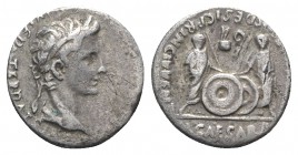Augustus (27 BC-AD 14). AR Denarius (17mm, 3.16g, 1h). Lugdunum, 2 BC-AD 4. Laureate head r. R/ Caius and Lucius Caesars standing facing, holding shie...