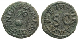 Augustus (27 BC-AD 14). Æ Quadrans (17mm, 2.95g, 6h). Rome. Lamia, Silius, Annius, moneyers, 9 BC. Simpulum and lituus. R/ Legend around large S • C. ...