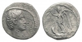 Augustus (27 BC-AD 14). AR Quinarius (13mm, 1.78g, 6h). Pergamum, 27 BC. Bare head r. R/ Victory standing l. on prow, holding wreath and palm. RIC I 4...