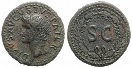 Divus Augustus (died AD 14). Æ Dupondius (30mm, 13.10g, 6h). Rome, c. 22/3-26. Radiate head l. R/ Large S • C within oak wreath. RIC I 79 (Tiberius). ...