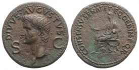 Divus Augustus (died AD 14). Æ Dupondius (29mm, 15.38g, 6h). Rome, 37-41. Radiate head of Divus Augustus l. R/ Augustus(?), laureate and togate, seate...