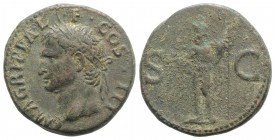 Agrippa (died 12 BC). Æ As (28mm, 12.48g, 6h). Rome, AD 37-41. Head l., wearing rostral crown. R/ Neptune standing l., holding small dolphin and tride...