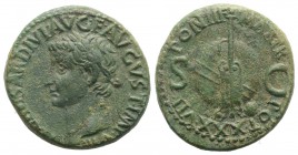 Tiberius (14-37). Æ As (27mm, 11.11g, 12h). Rome, 35-6. Laureate head l. R/ Rudder placed vertically across banded globe; small globe at base of rudde...