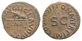 Claudius (41-54). Æ Quadrans (15mm, 3.20g, 6h). Rome, AD 42. Hand l., holding scales; PNR below. R/ Legend around large S • C. RIC I 91. Brown patina,...