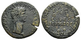 Claudius (41-54). Æ Sestertius (34mm, 24.22g, 6h). Rome, 41-2. Laureate head r. R/ Legend in four lines within oak wreath. RIC I 96. Brown patina, die...